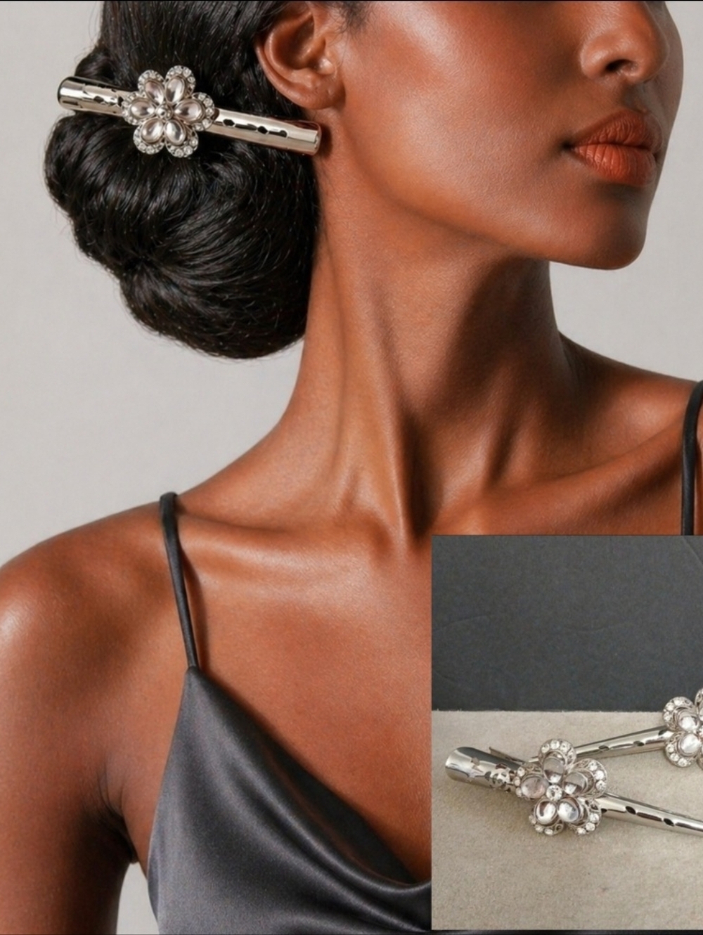 Silver Tone & Faux Crystal FLOWER Metal Hair Clips 2 Pcs NEW
